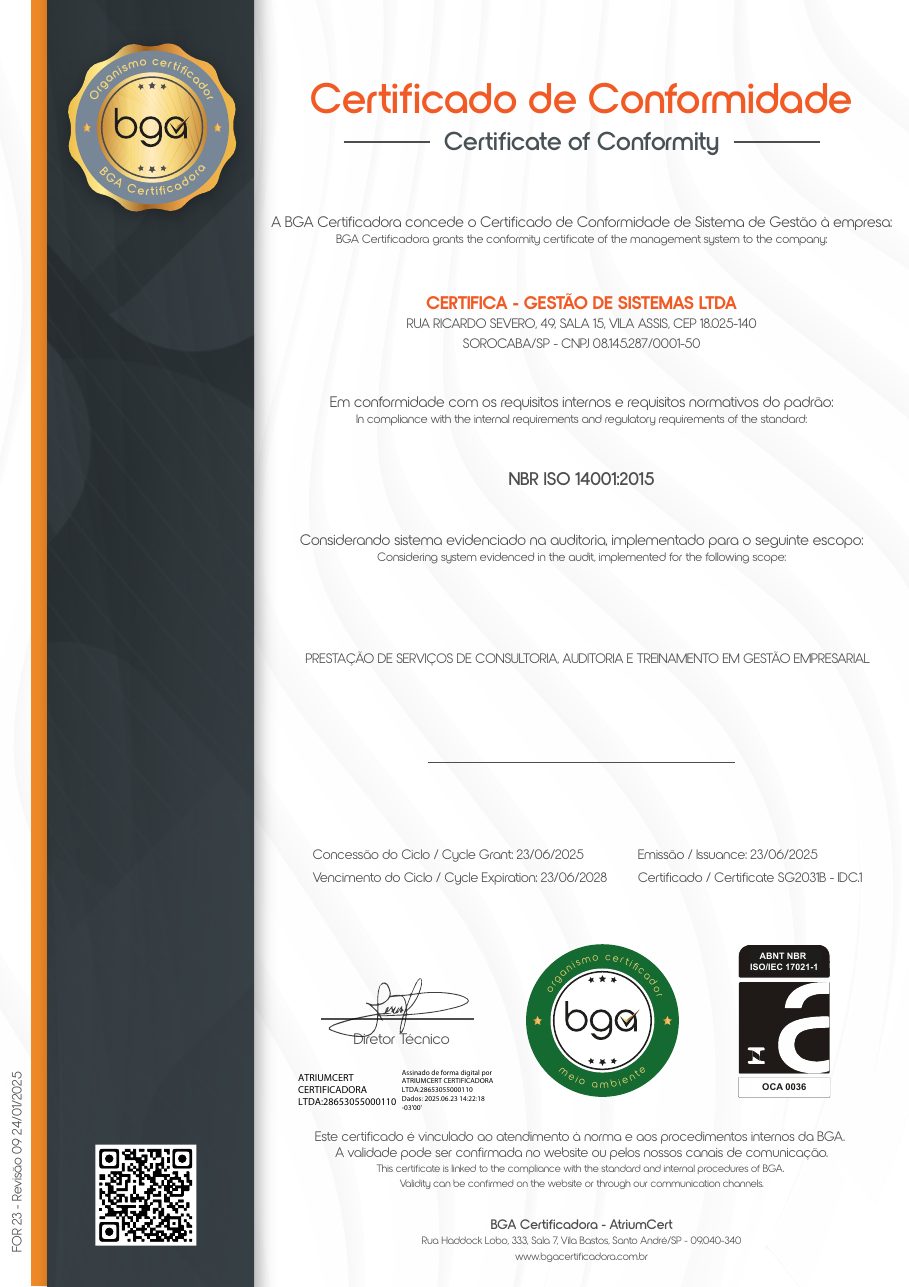 Certificado ISO 14001 da Certifica