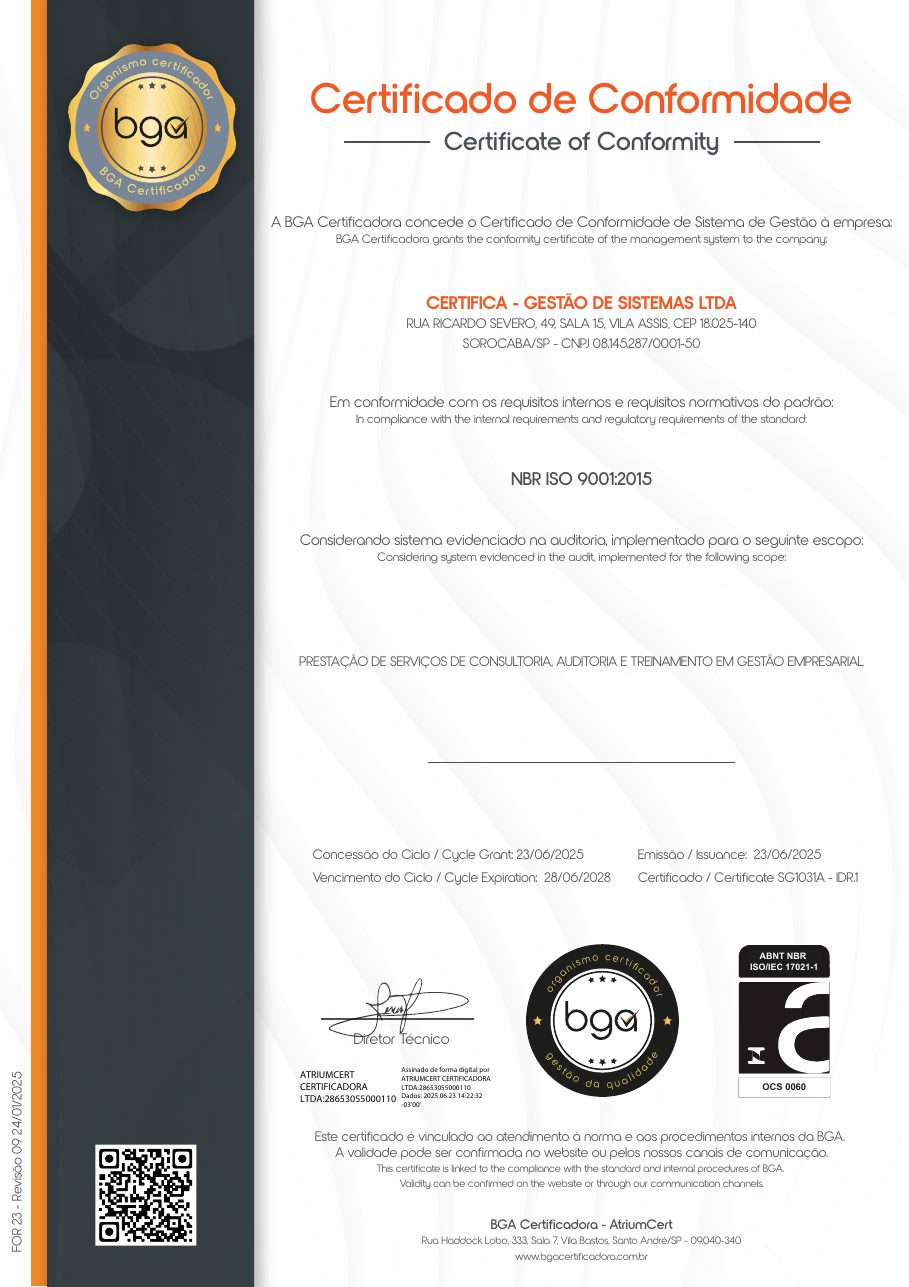 Certificado ISO 9001 da Certifica