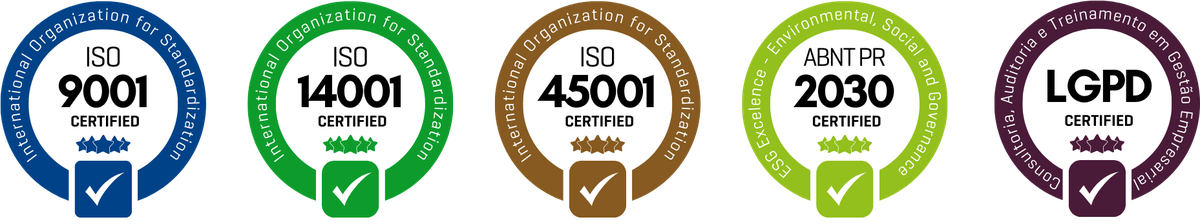 Certifica certificada em ISO 9001, ISO 14001, ISO 45001, ABNT PR 2030 e LGPD