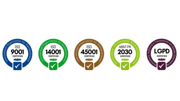 Selos ISO 9001, ISO 14001, ISO 45001, ABNT PR 2030 e LGPD